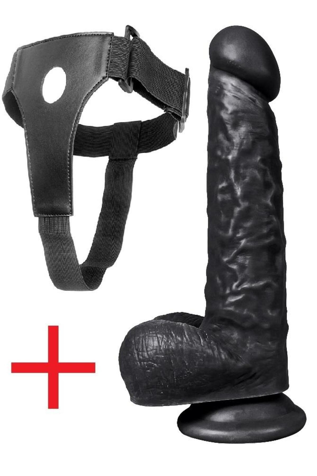Takma Kemerli Siyah 26 Cm Gerçekçi Et Dokusunda Penis Vantuzlu Realistik Belden Bağlama Dildo
