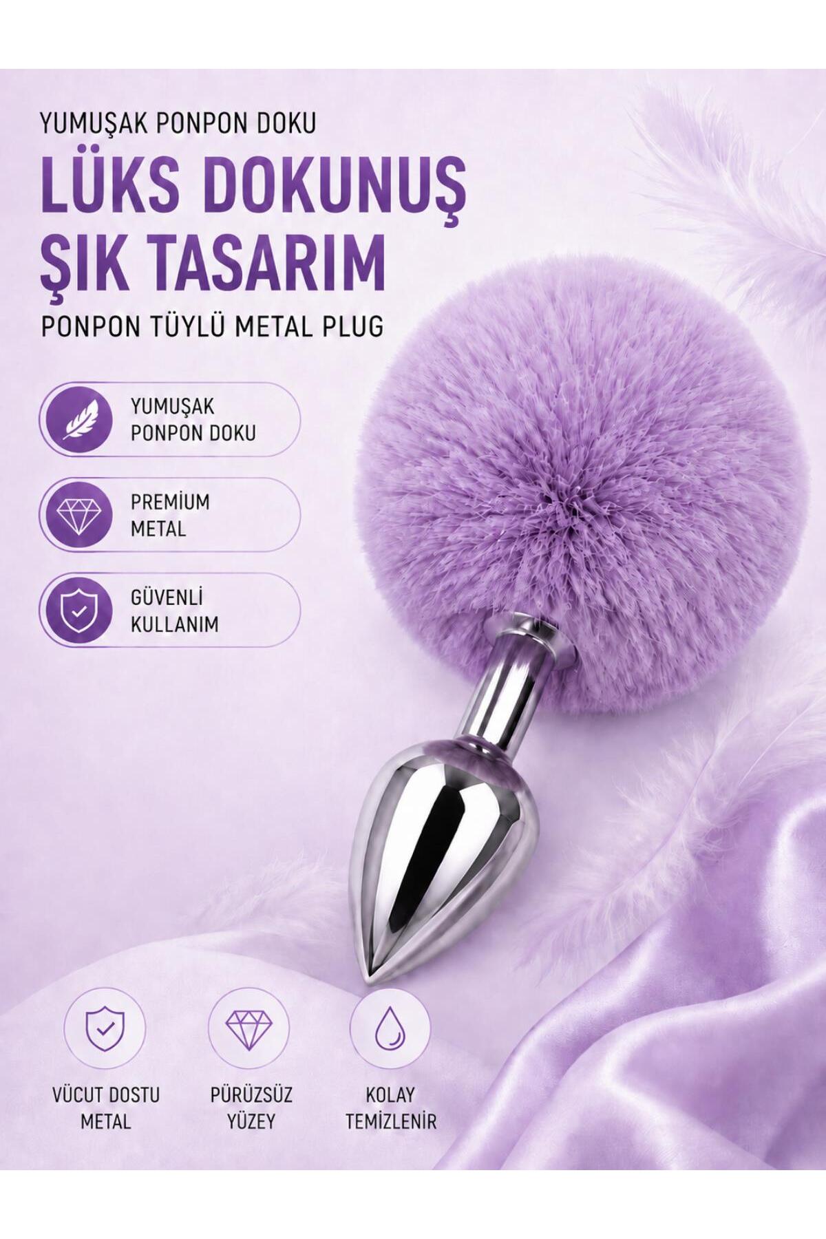 Gümüş Metal Ponpon Yumuşak Tüylü Anal Fantezi Ürünü Anal Açıcı Genişletici Anal Plug ve Tıkaç
