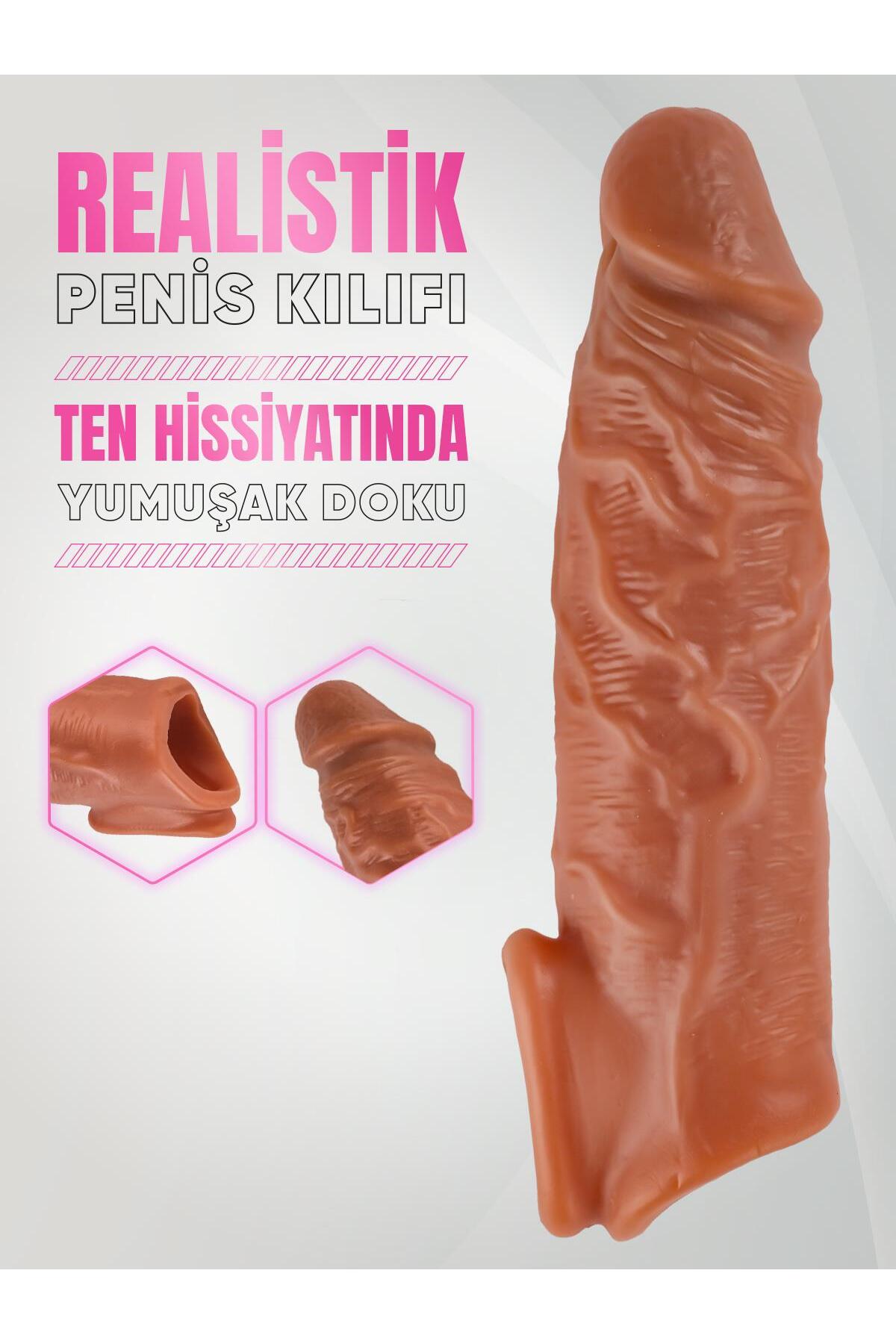 Gerçekçi Penis Dokusunda 3,5 Cm Uzatmalı Testis Destekli Ultra Yumuşak Realistik Penis Kılıfı