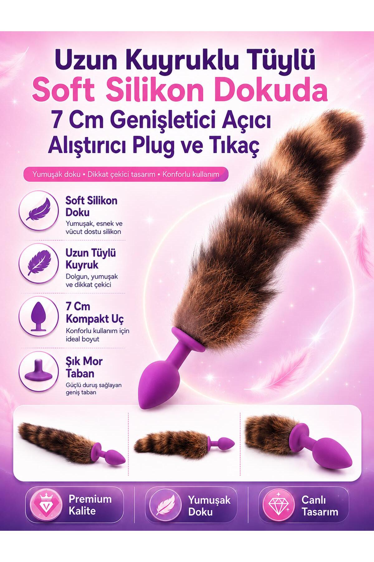 Uzun Kuyruklu Tüylü Soft Silikon Dokuda 7 Cm Anal Genişletici Açıcı Alıştırıcı Anal Plug ve Tıkaç