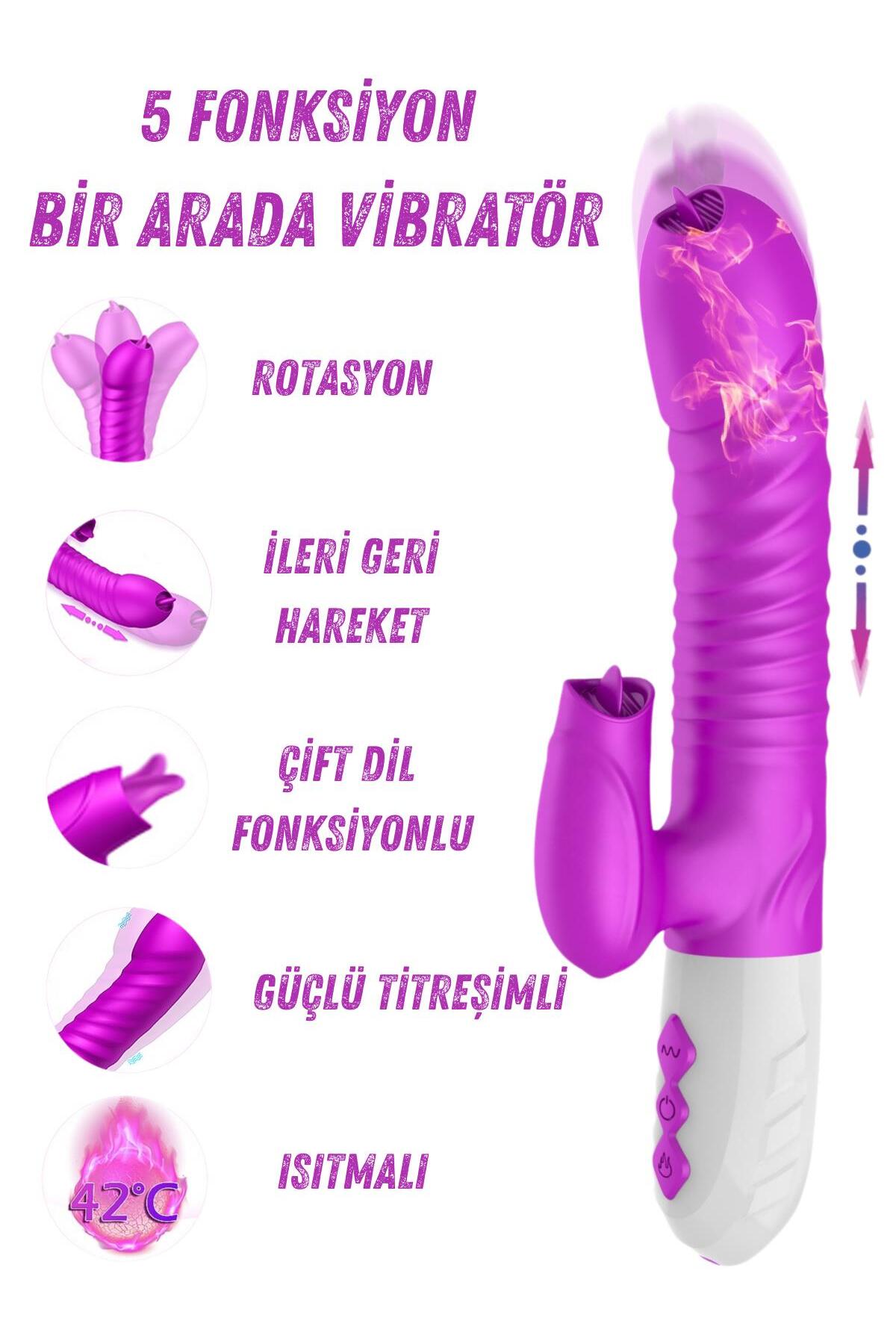 İleri Geri Hareketli Vajina Ve Klitorise Çift Dil Atabilen Isıtmalı 7 Mod Titreşim Şarjlı Vibratör
