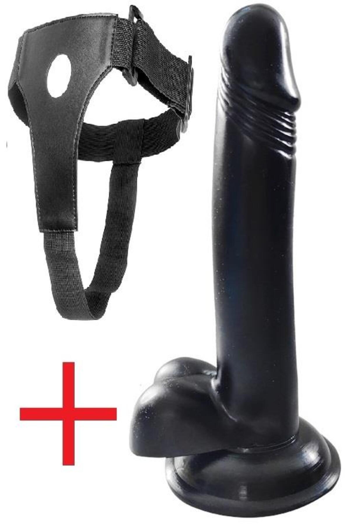 Deri Kemerli Takma Penis Gerçekçi Yumuşak Dokuda Siyah 21 Cm Damarsız Belden Bağlamalı Zenci Dildo
