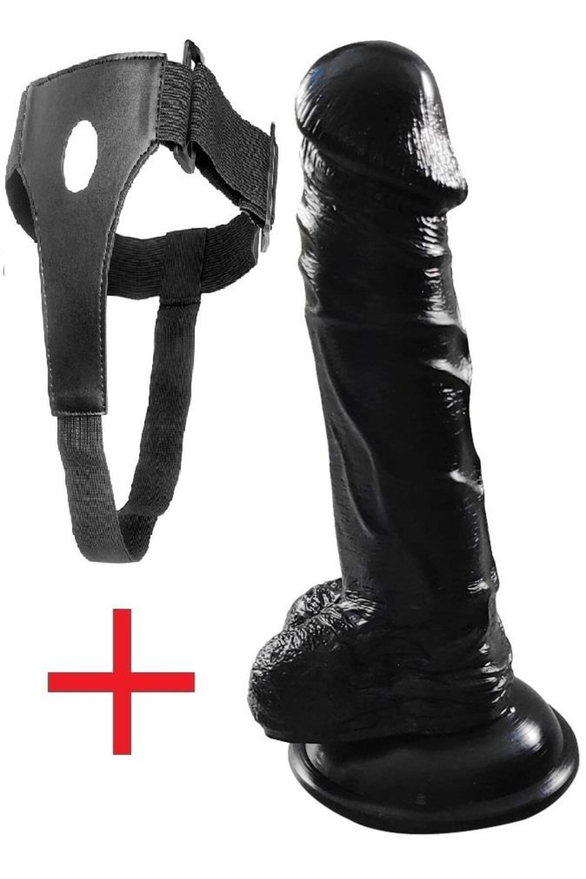 Belden Bağlamalı Protez Dildo Ultra Gerçekçi Ten Doku Siyah 20 Cm Testisli Kemerli Takma Penis