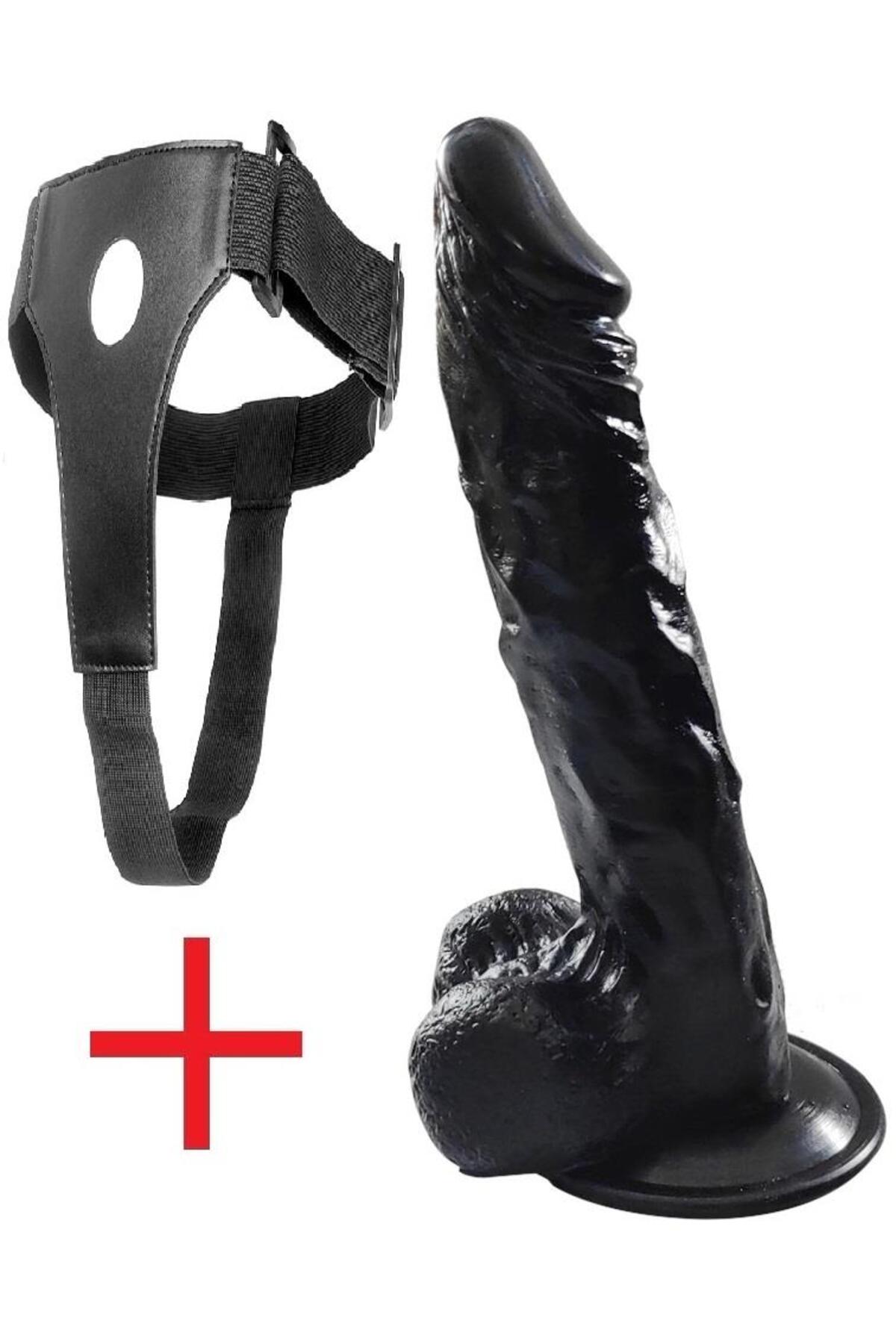 Takma Deri Kemerli Penis 24 Cm Yumuşak Gerçekçi Doku Vantuzlu Zenci Belden Bağlamalı Siyah Dildo