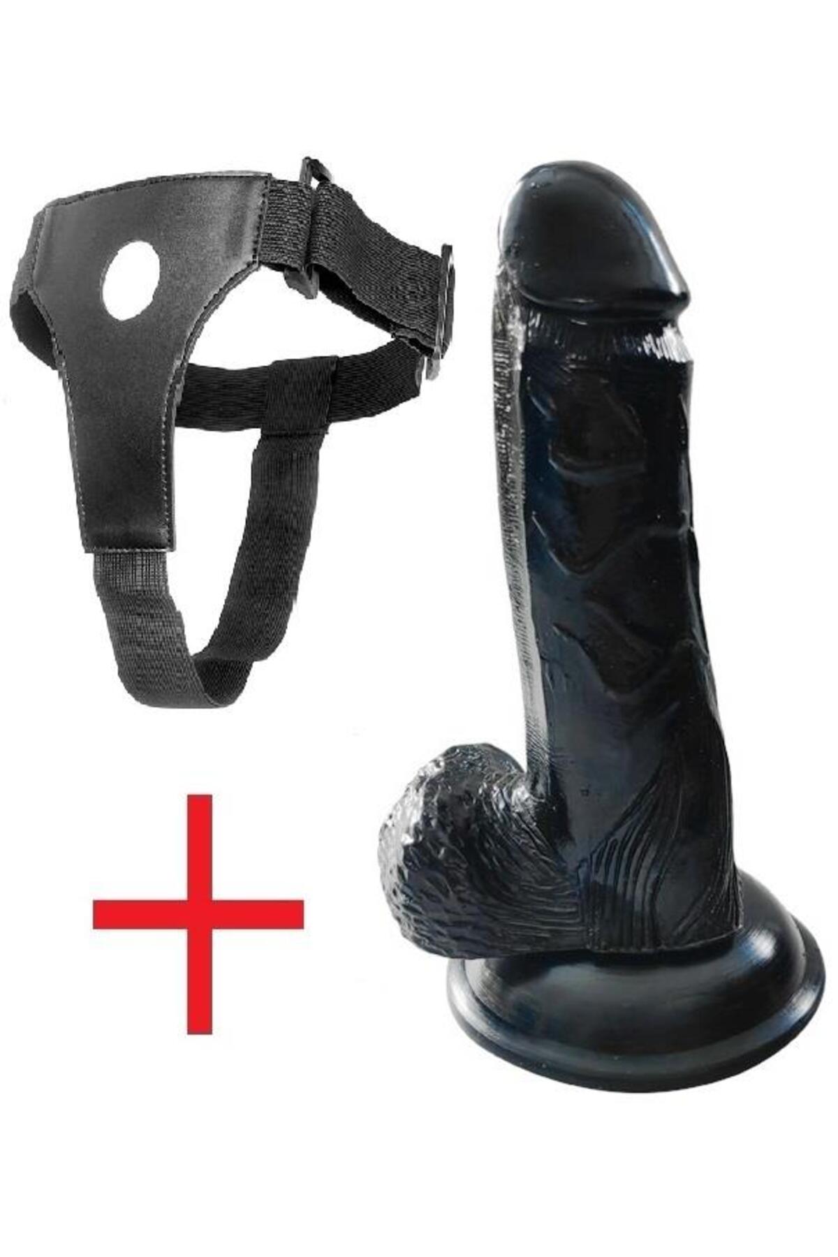 Ultra Gerçekçi Dokuda Deri Kemerli Penis 18 Cm Vantuzlu Realistik Belden Bağlamalı Siyah Dildo