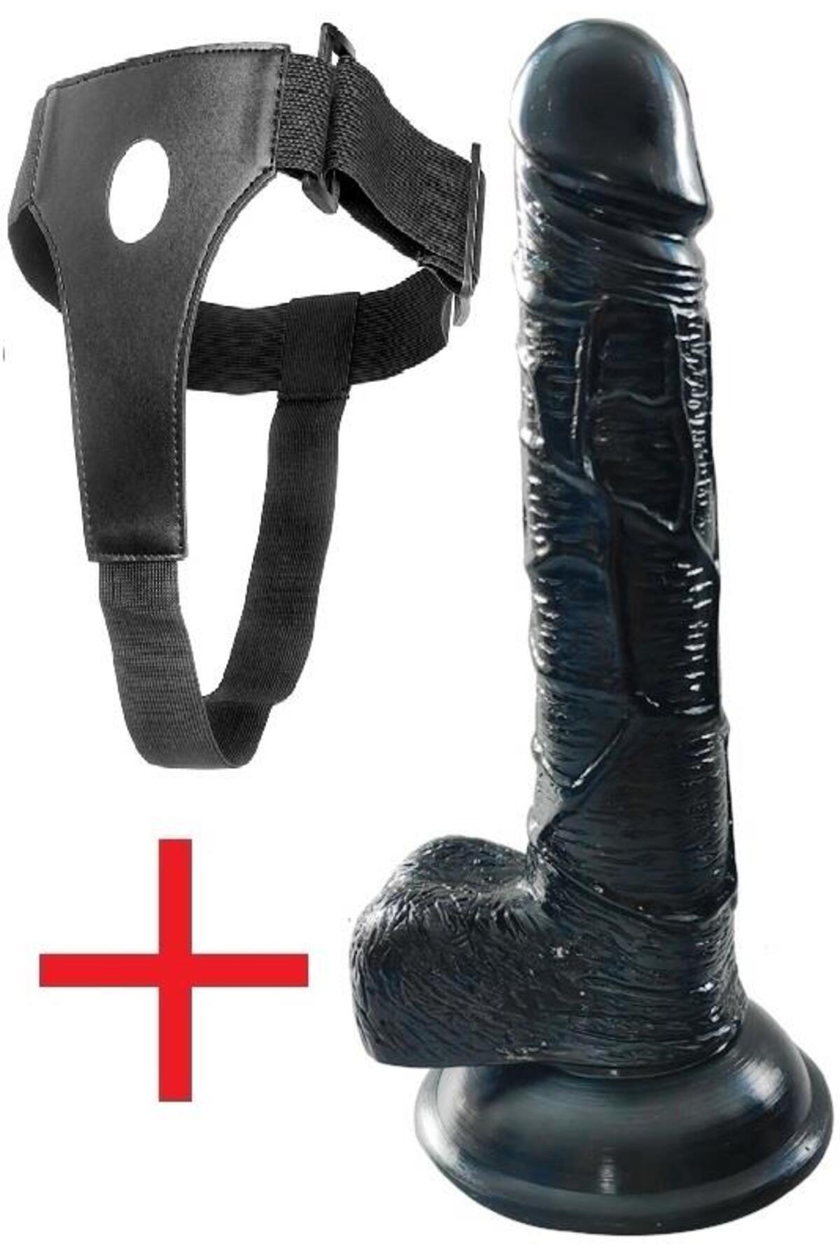 Gerçekçi Ten Hissi 21 Cm Takma Kemerli Dildo Vantuzlu Realistik Belden Bağlamalı Siyah Penis