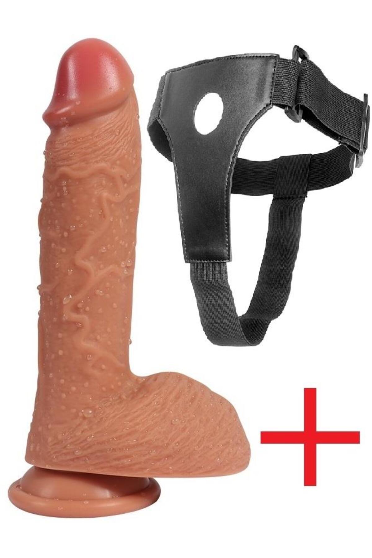 Ekstra Çift Katmanlı Belden Bağlamalı Yumuşak Dildo 21.5 Cm Vantuzlu Kemerli Realistik Takma Penis