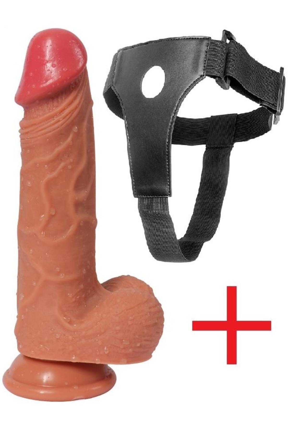 Belden Bağlamalı Ekstra Özel Çift Katmanlı Doku 20 Cm Penis Takma Kemerli Vantuzlu Realistik Dildo