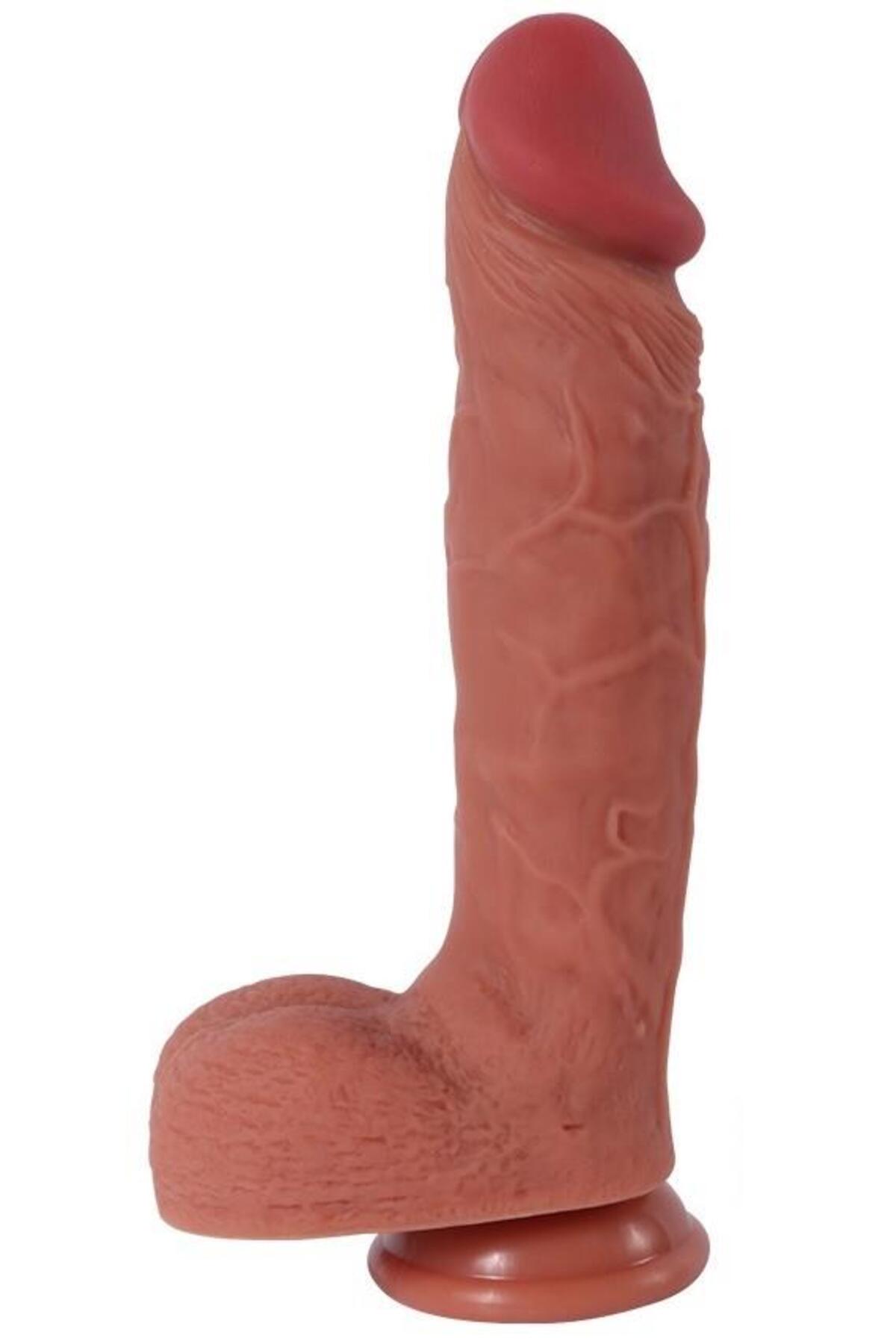 Ultra Yumuşak Gerçekçi Doku Yeni Nesil Çift Katmanlı Kalın 24 Cm Güçlü Vantuz Realistik Penis Dildo