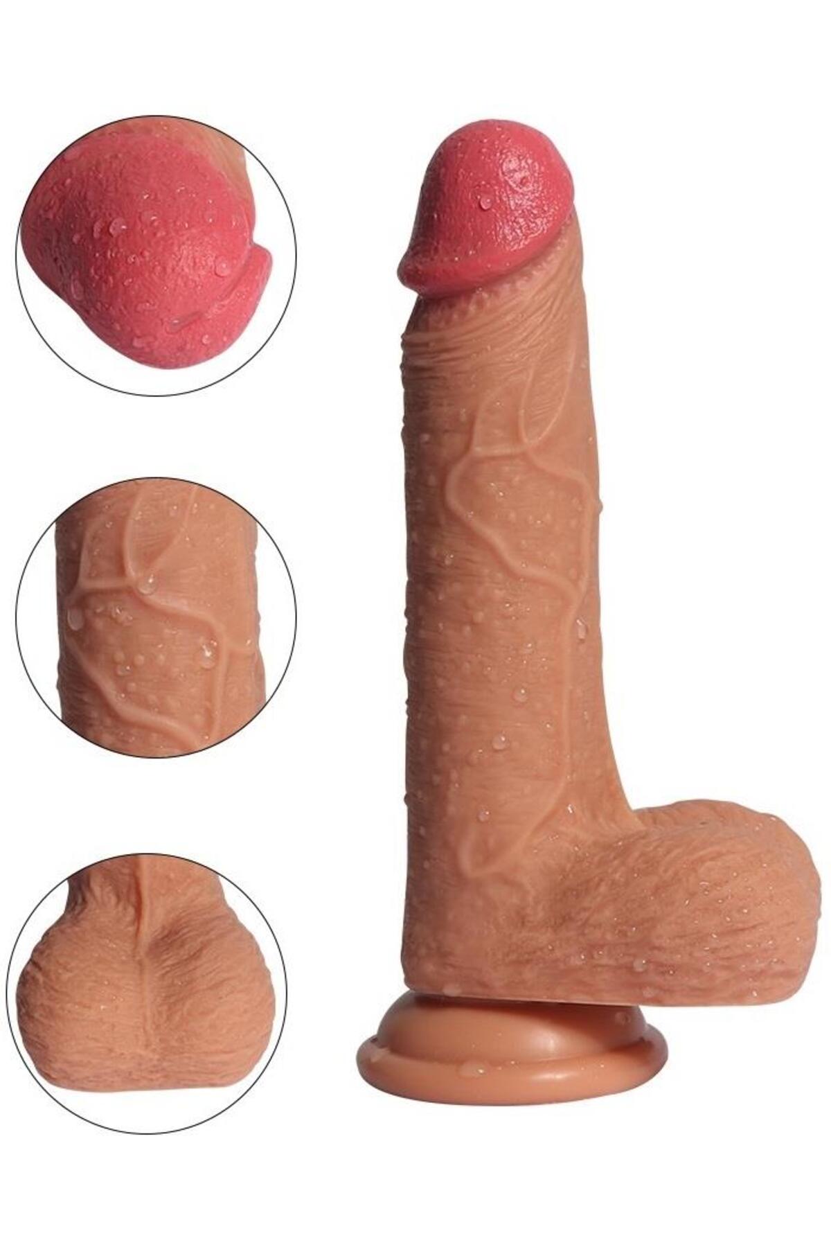 Ultra Gerçekçi Yumuşak Natural Et Doku Tam Realistik Penis Çift Katmanlı 20 Cm Güçlü Vantuzlu Dildo