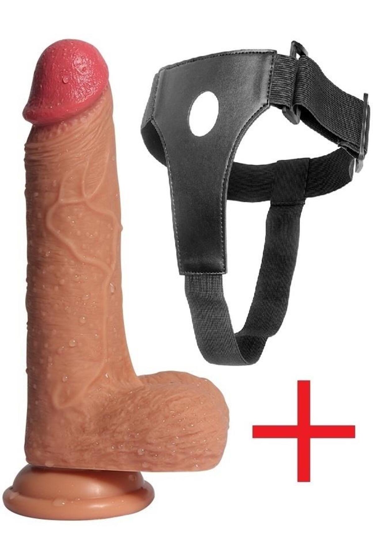 Kemerli Yumuşak Gerçekçi Çift Katmanlı Belden Bağlamalı 19 Cm Dildo Vantuzlu Realistik Takma Penis