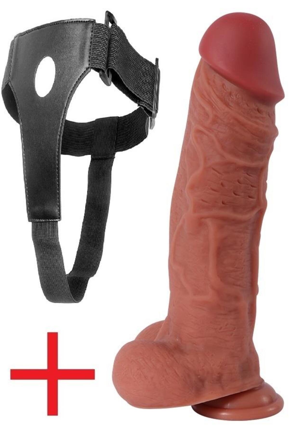 Belden Bağlamalı Çift Katmanlı Kalın 27.5 Cm Yumuşak Dildo Kemerli Vantuzlu Realistik Takma Penis