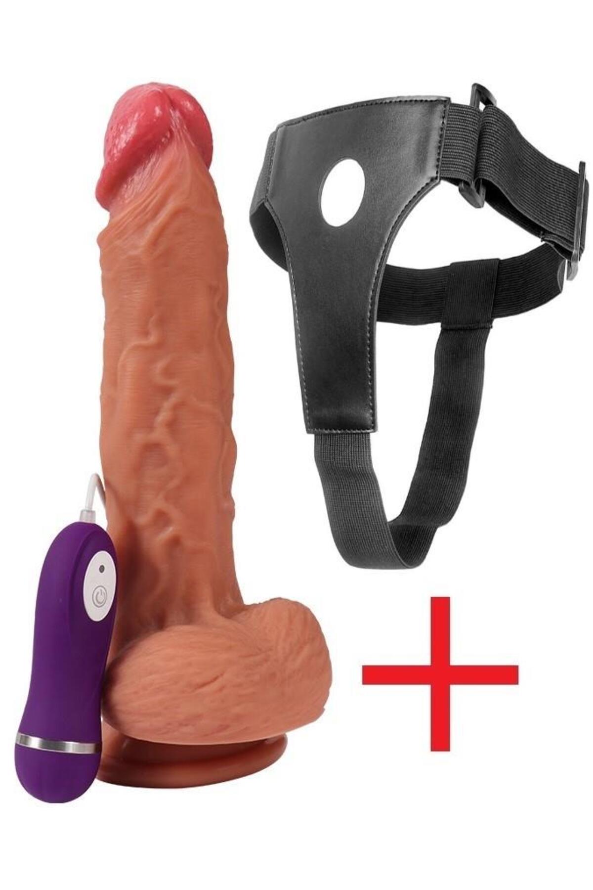 23 Cm Çift Katmanlı 10 Mod Titreşim Kemerli Penis Belden Bağlamalı Vantuzlu Realistik Takma Vibratör