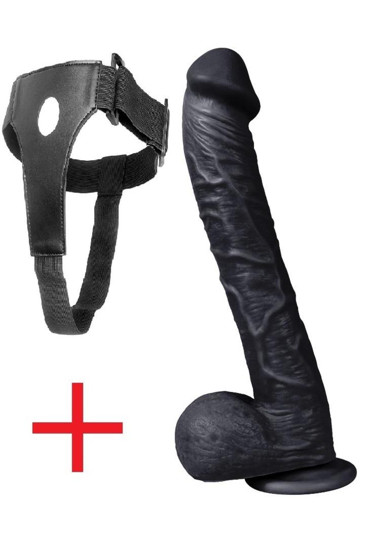 Belden Bağlamalı Gerçekçi Et Dokusunda 33.5 Cm Kalın Zenci Takma Dildo Vantuzlu Kemerli Siyah Penis