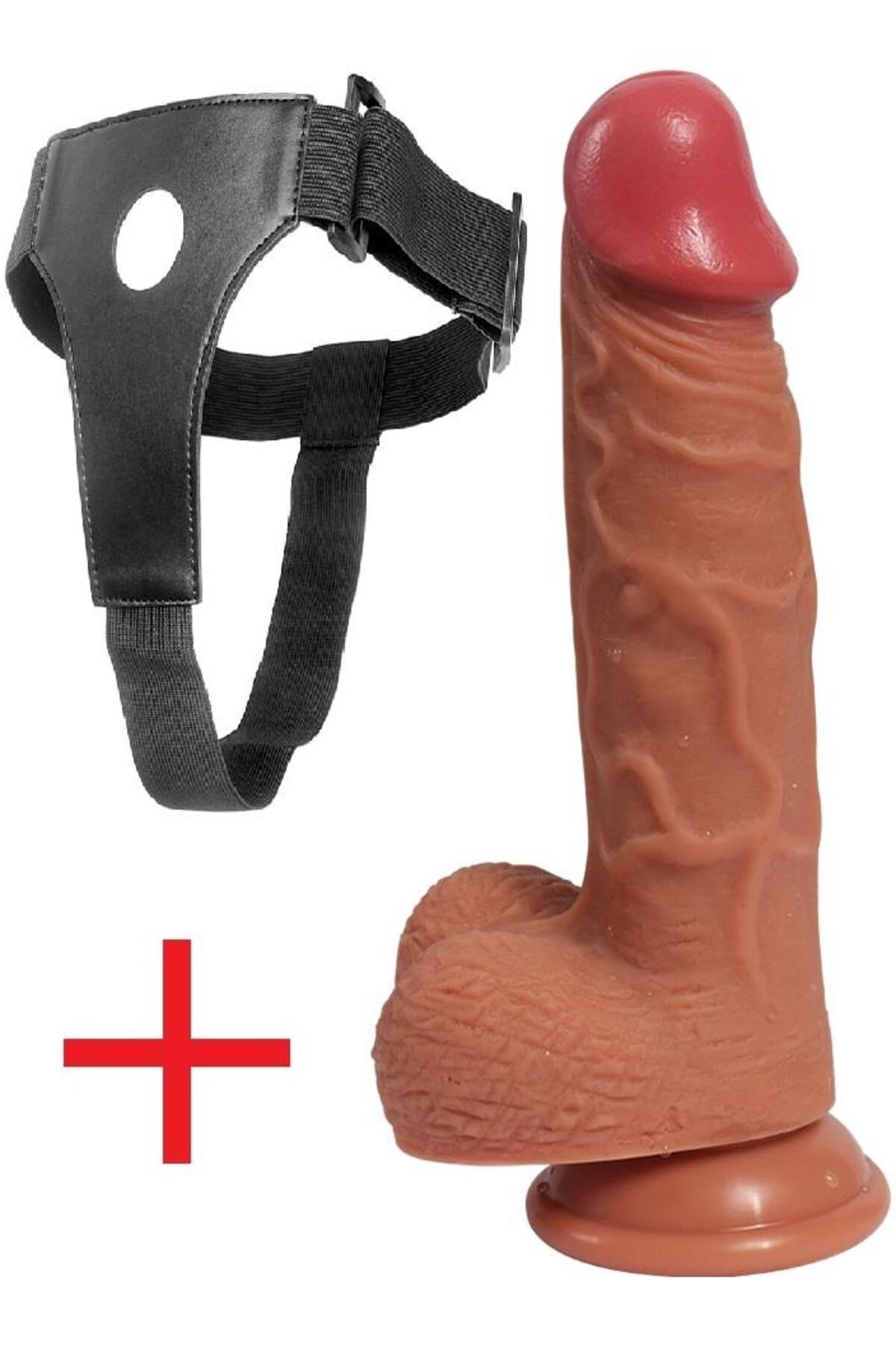Kalın 20.5 Cm Belden Bağlamalı Özel Doku Çift Katmanlı Dildo Kemerli Vantuzlu Takma Penis