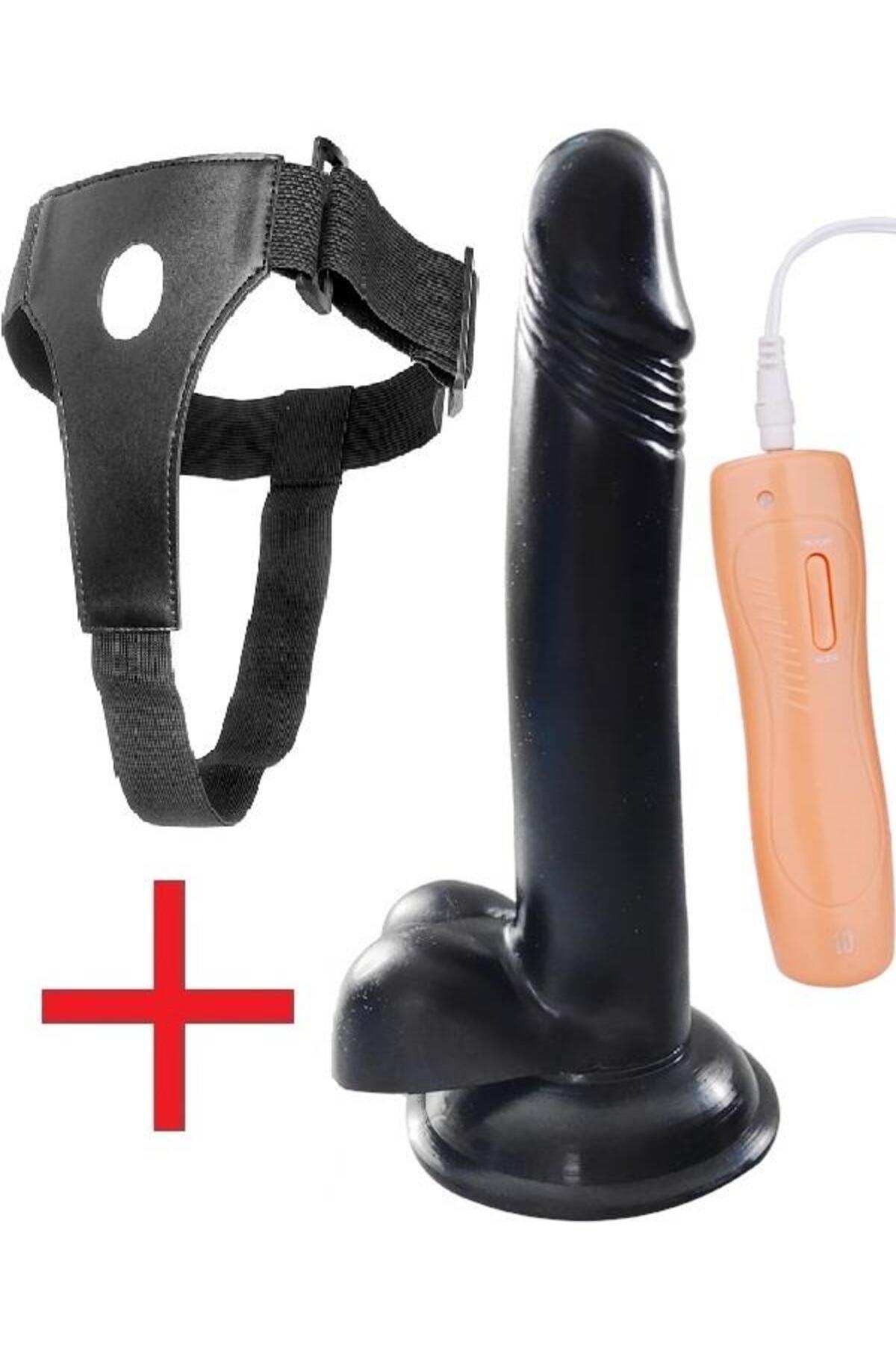 Kemerli Takma Siyah Vibratör 21 Cm 10 Mod Titreşim Oynar Başlıklı Belden Bağlamalı Zenci Dildo Penis