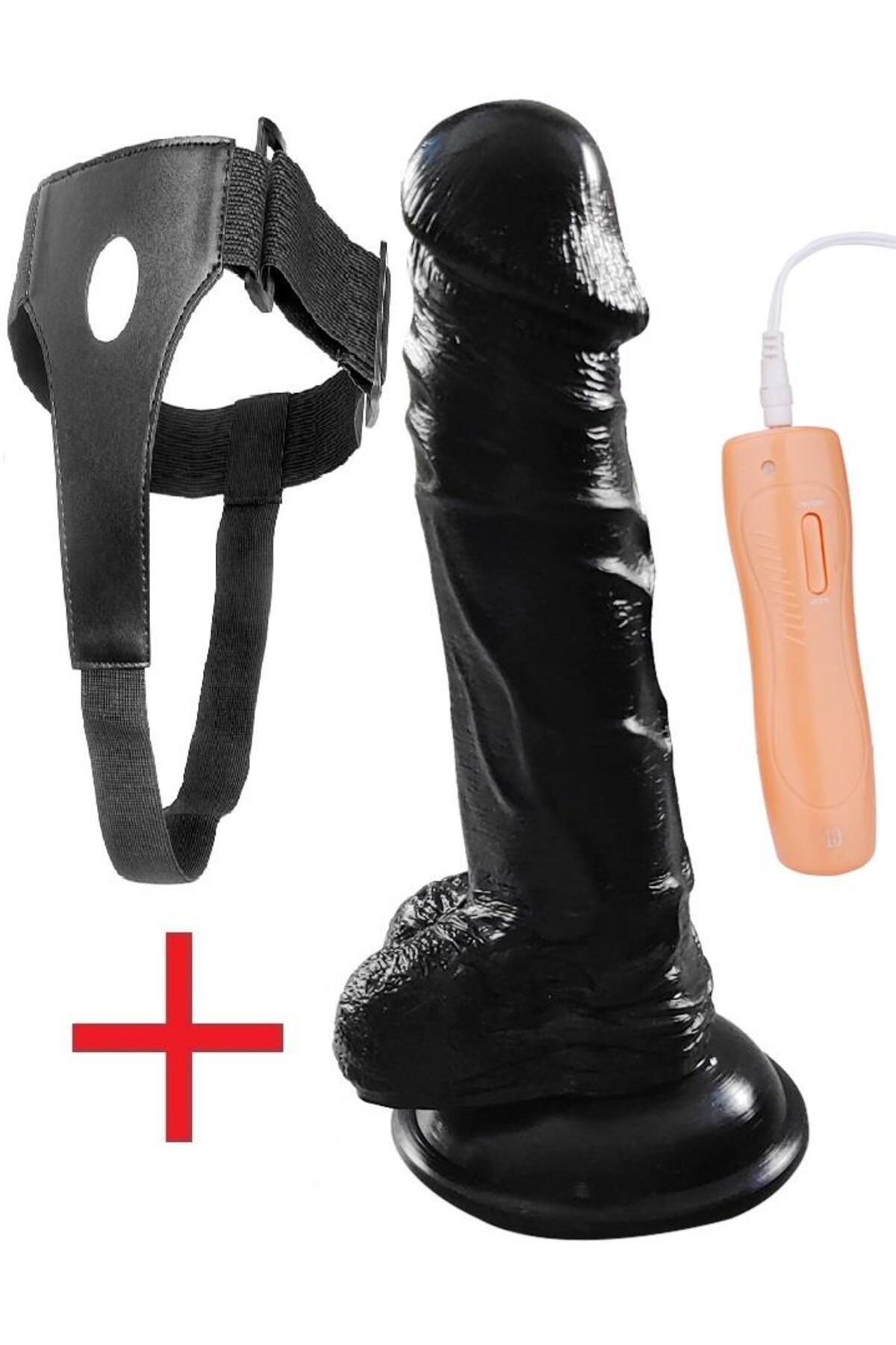 10 Mod Titreşim 20 Cm Zenci Vibratör Oynar Başlıklı Belden Bağlamalı Dildo Siyah Kemerli Takma Penis