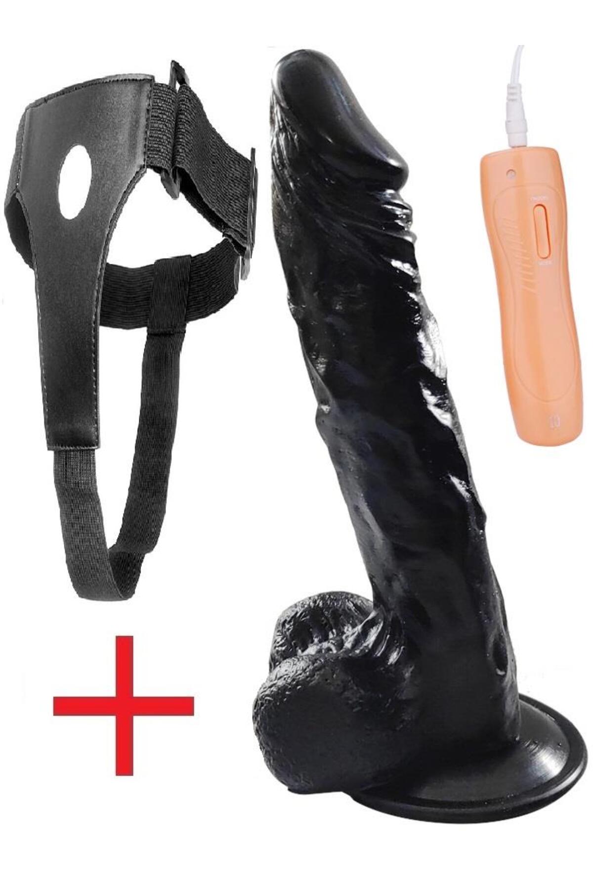 Belden Bağlamalı 24 Cm 10 Mod Titreşim Penis Oynar Başlıklı Siyah Dildo Yumuşak Doku Zenci Vibratör