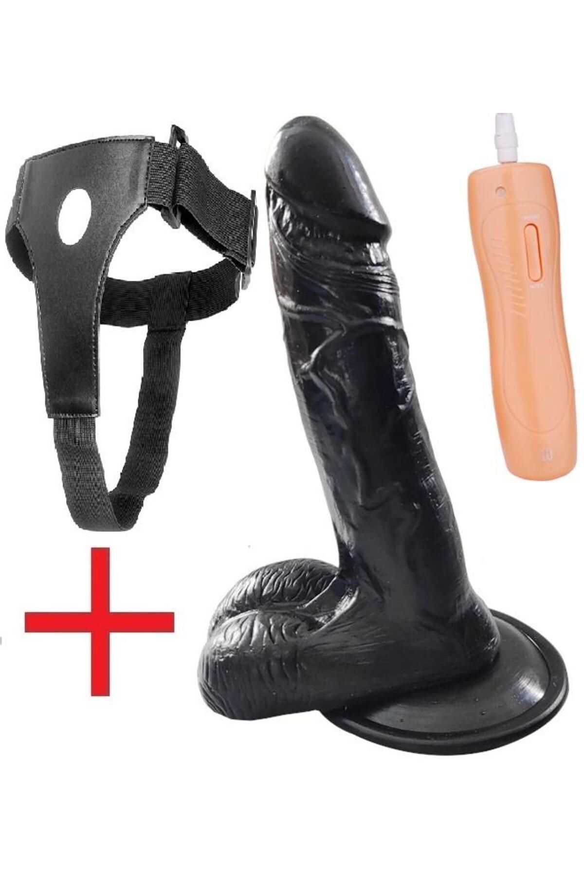 Yumuşak Dokuda Takma Kemerli 10 Mod Titreşim Zenci Dildo 20 Cm Belden Bağlamalı Siyah Penis Vibratör