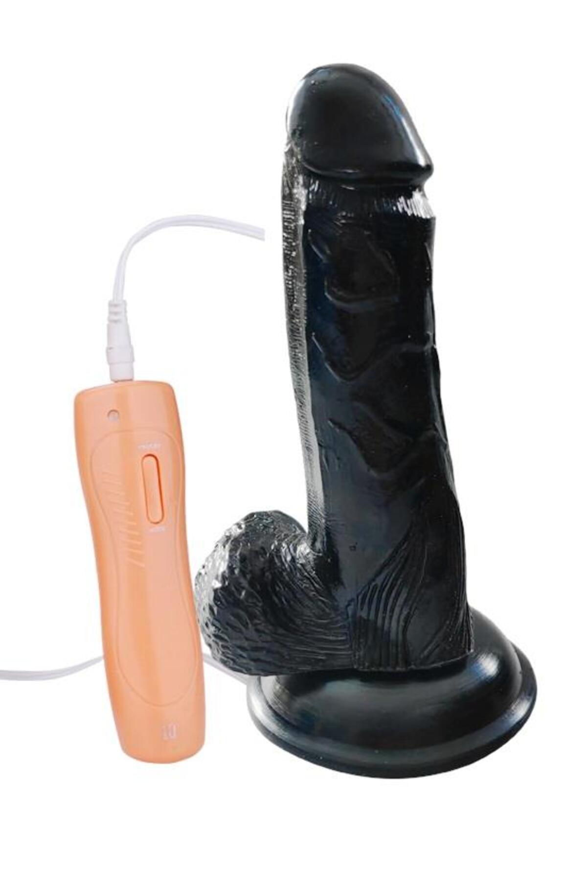 10 Mod Titreşim Gerçekçi Et Doku 18 cm Vantuzlu Testisli Realistik Siyah Penis Dildo Vibratör