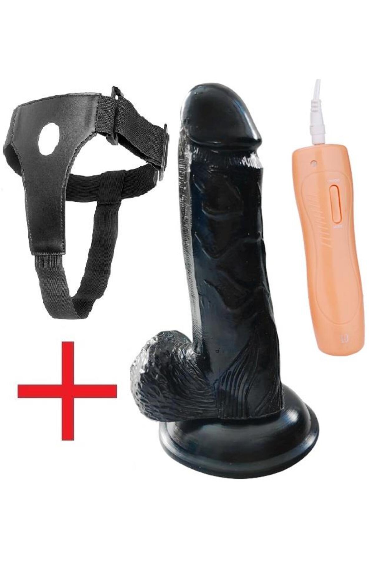 18 Cm Kemerli Vibratör Gerçekçi Et Doku Zenci 10 Farklı Titreşim Penis Belden Bağlamalı Siyah Dildo