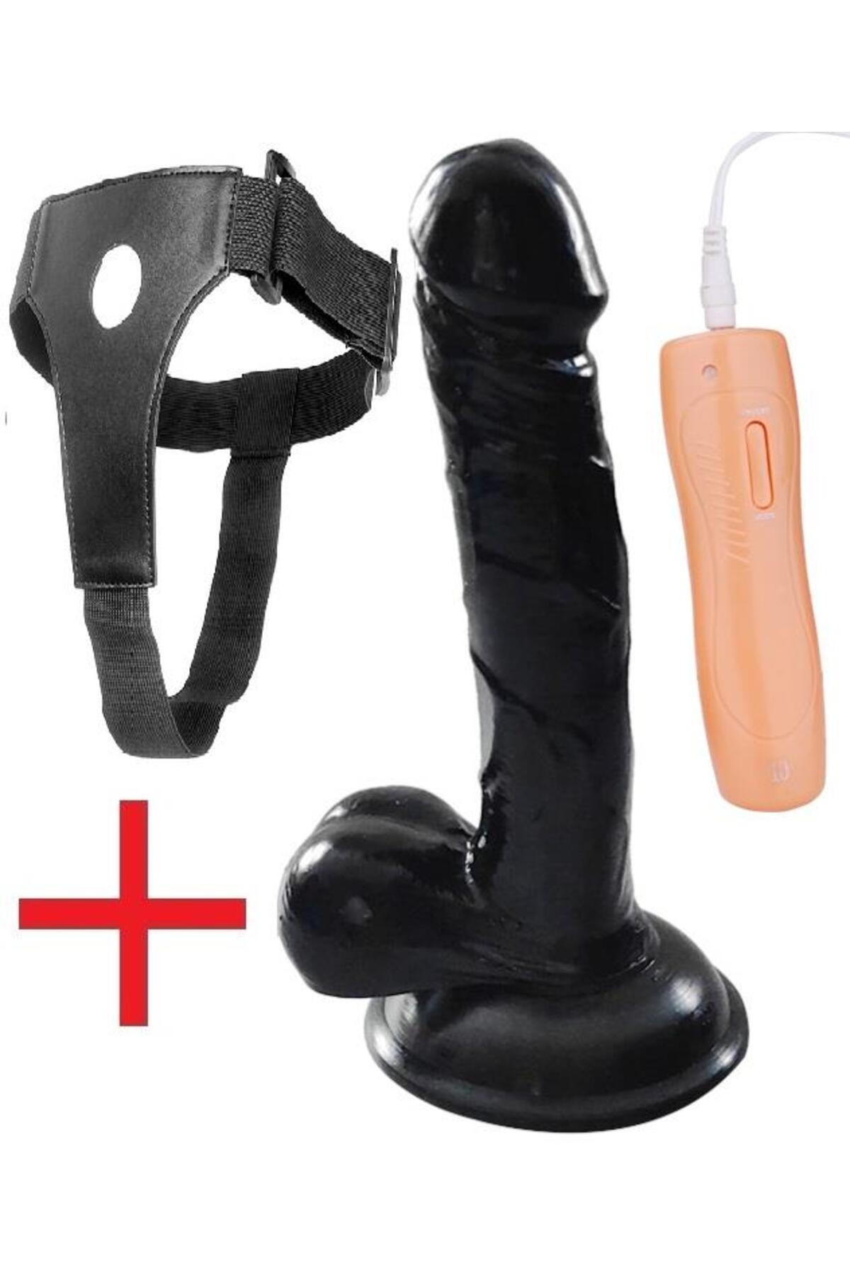 Takma Dildo 19 Cm 10 Farklı Titreşimli Penis Kemerli Gerçekçi Belden Bağlamalı Siyah Vibratör
