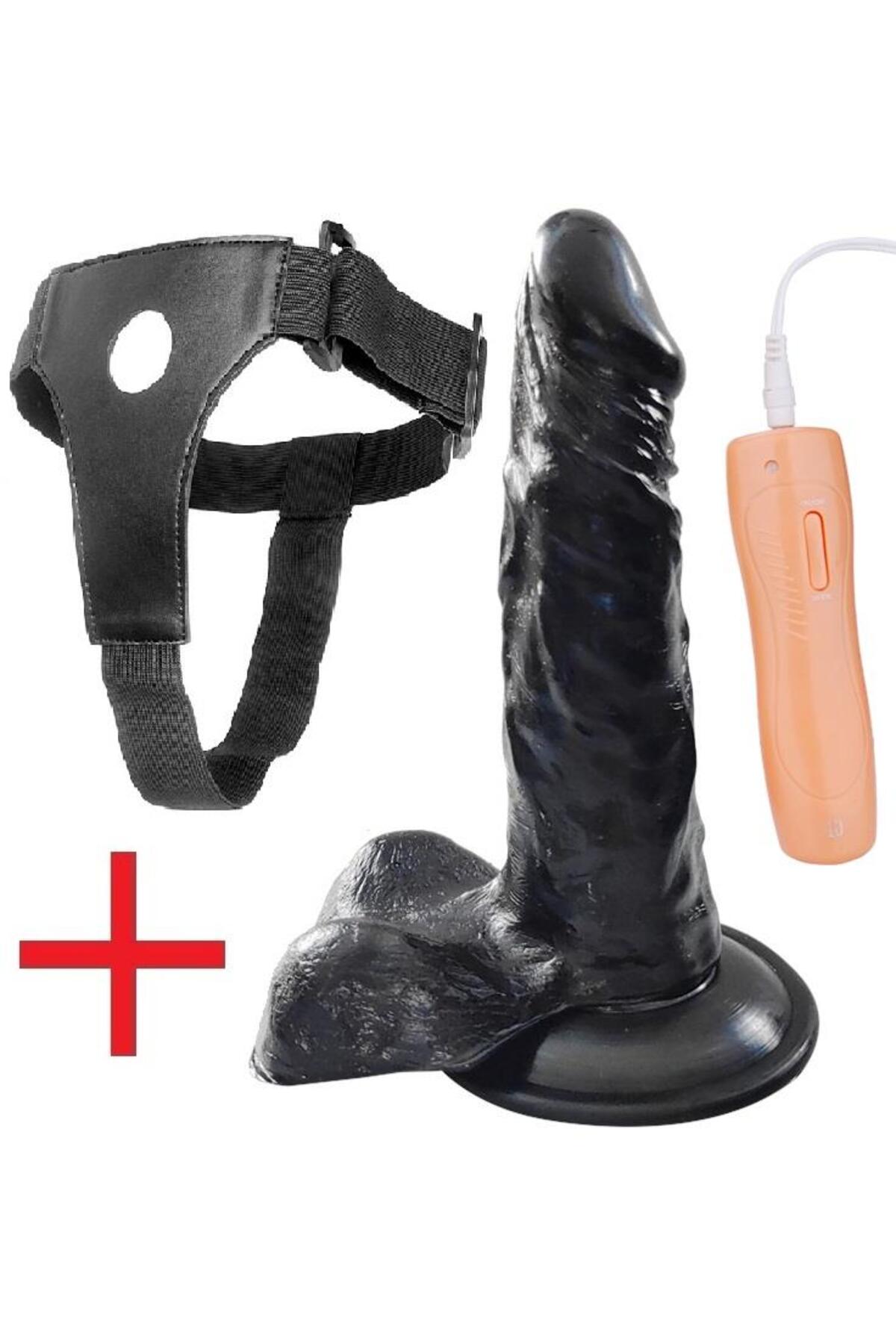 Gerçekçi Belden Bağlamalı 18 Cm Kalın 10 Mod Titreşim Siyah Penis Takma Kemerli Dildo Vibratör