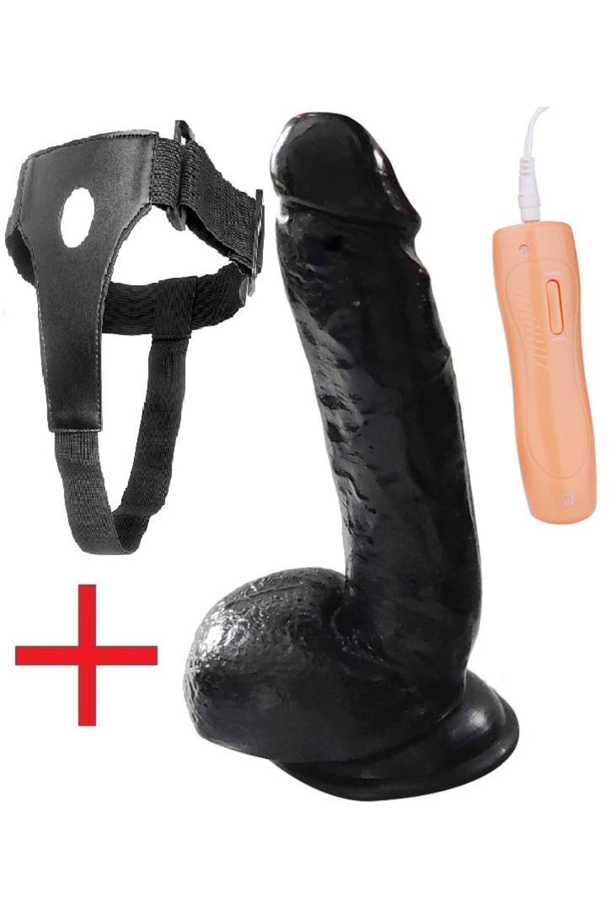 22 Cm Kalın 10 Farklı Titreşimli Kemerli Dildo Takma Belden Bağlamalı Siyah Vibratör Penis