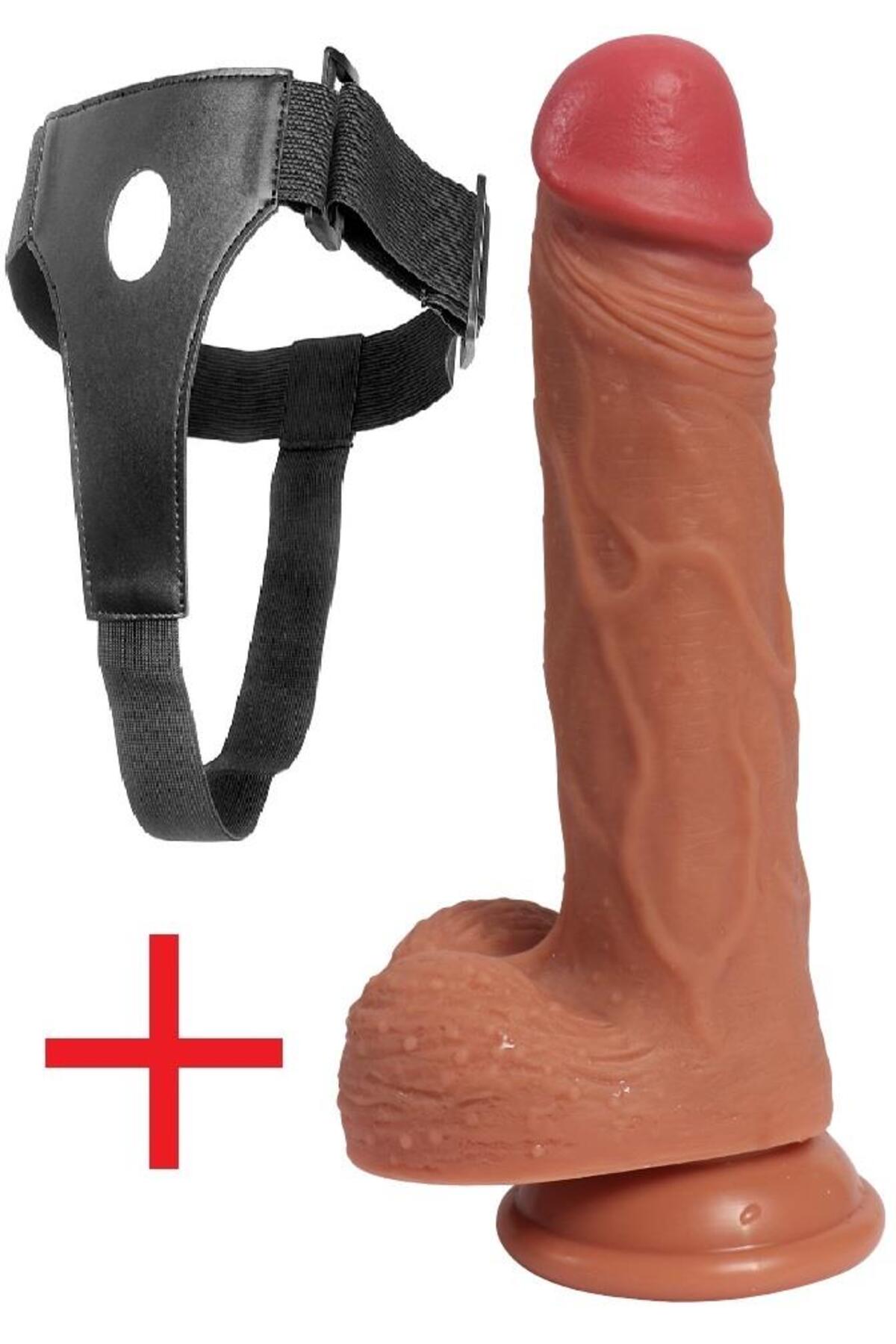Belden Bağlamalı Ultra Yumuşak Çift Katmanlı Doku 20 Cm Penis Kemerli Vantuzlu Realistik Takma Dildo