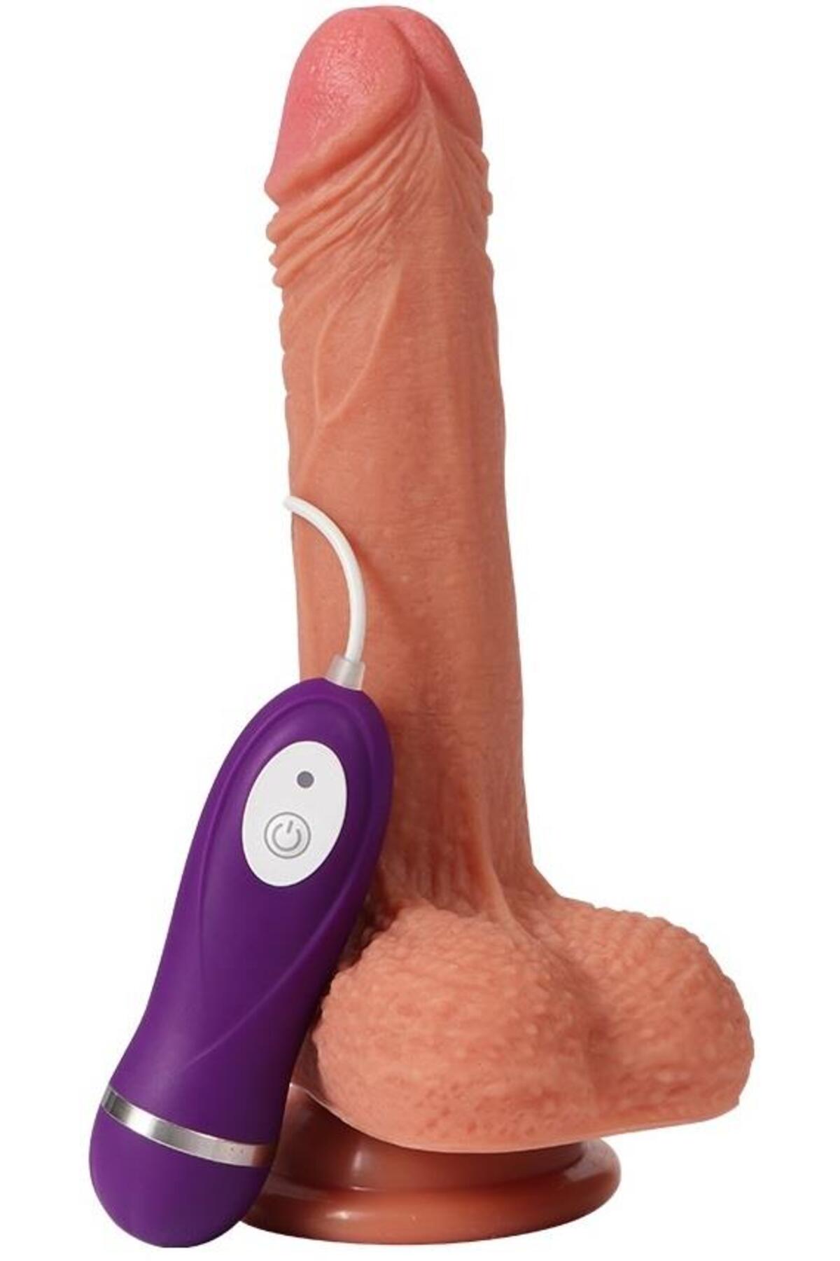 Ekstra Yumuşak Doku Çift Katmanlı Dildo 18.5 Cm 10 Farklı Titreşim Vantuzlu Penis Realistik Vibratör