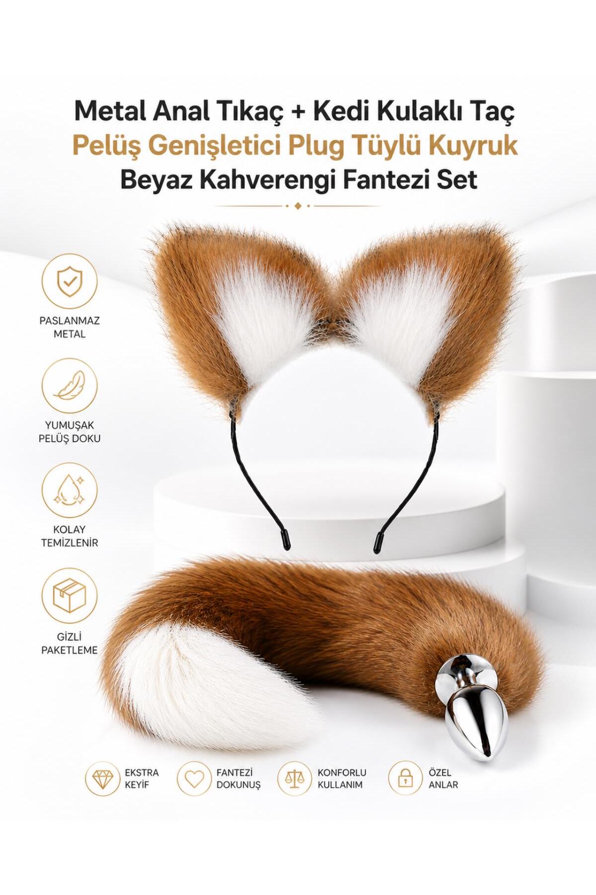 Metal Anal Tıkaç + Kedi Kulaklı Taç Pelüş Genişletici Plug Tüylü Kuyruk Beyaz Kahverengi Fantezi Set