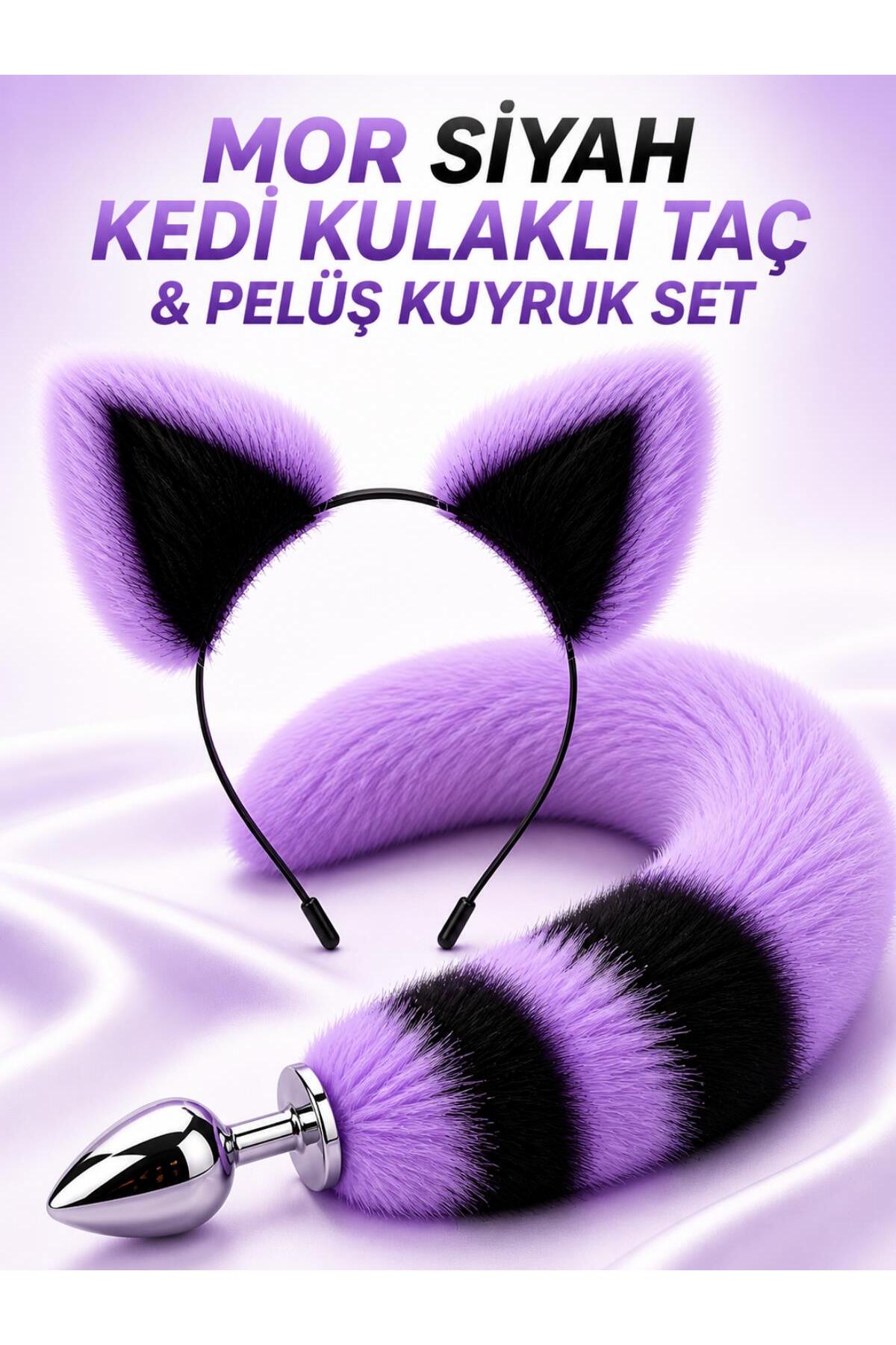 Tüylü Anal Tıkaç + Kedi Kulaklı Taç Pelüş Anal Plug Kuyruk Tıkaç Mor Siyah Plug Fantezi Set