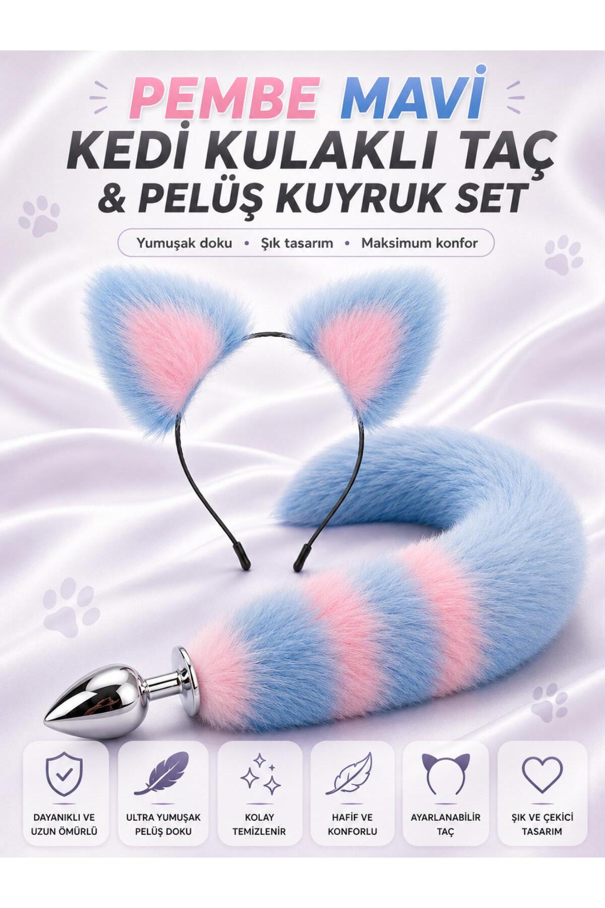 Tüylü Anal Tıkaç + Kedi Kulaklı Taç Pelüş Anal Plug Kuyruk Tıkaç Mavi Pembe Plug Fantezi Set