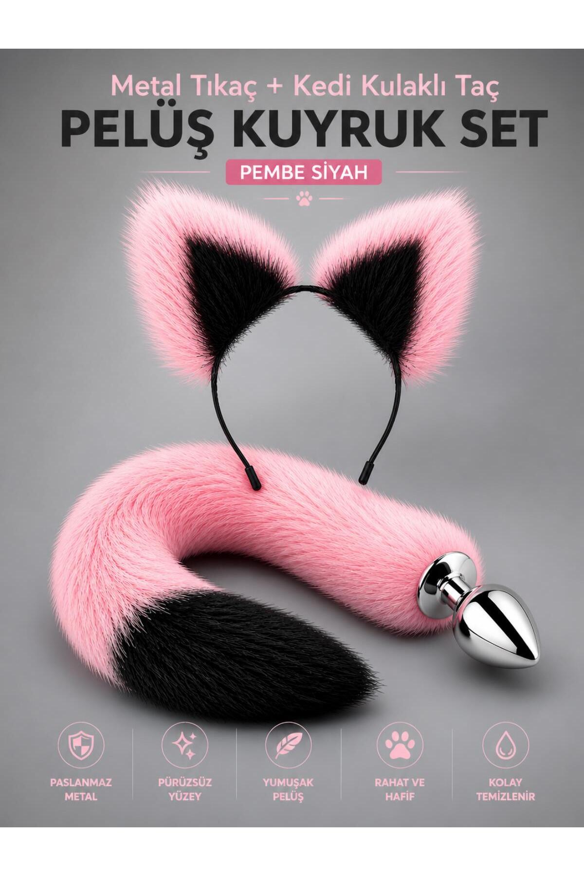 Tüylü Anal Tıkaç + Kedi Kulaklı Taç Pelüş Anal Plug Kuyruk Tıkaç Pembe Siyah Plug Fantezi Set