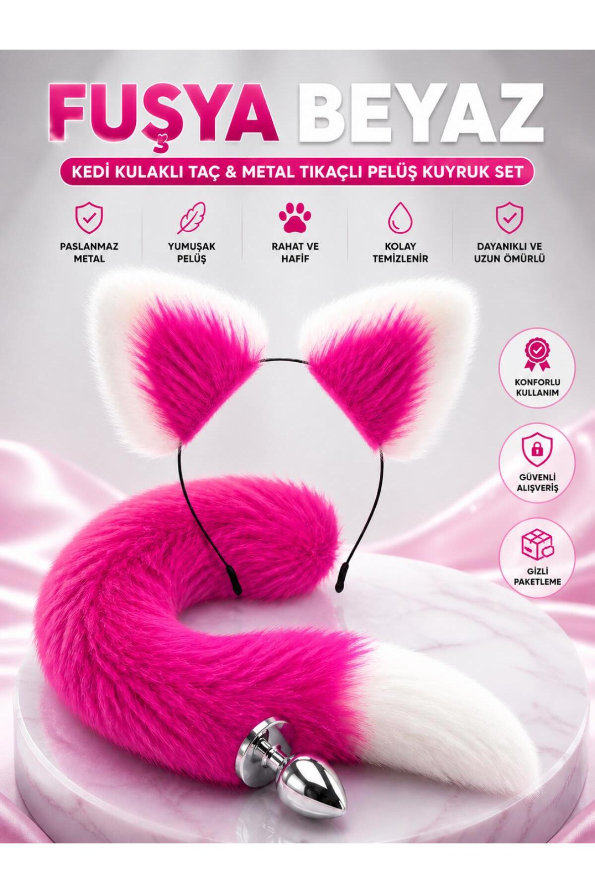 Tüylü Anal Tıkaç Kedi Kulaklı Taç Pelüş Anal Plug Kuyruk Tıkaç Fuşya Beyaz Plug Fantezi Set