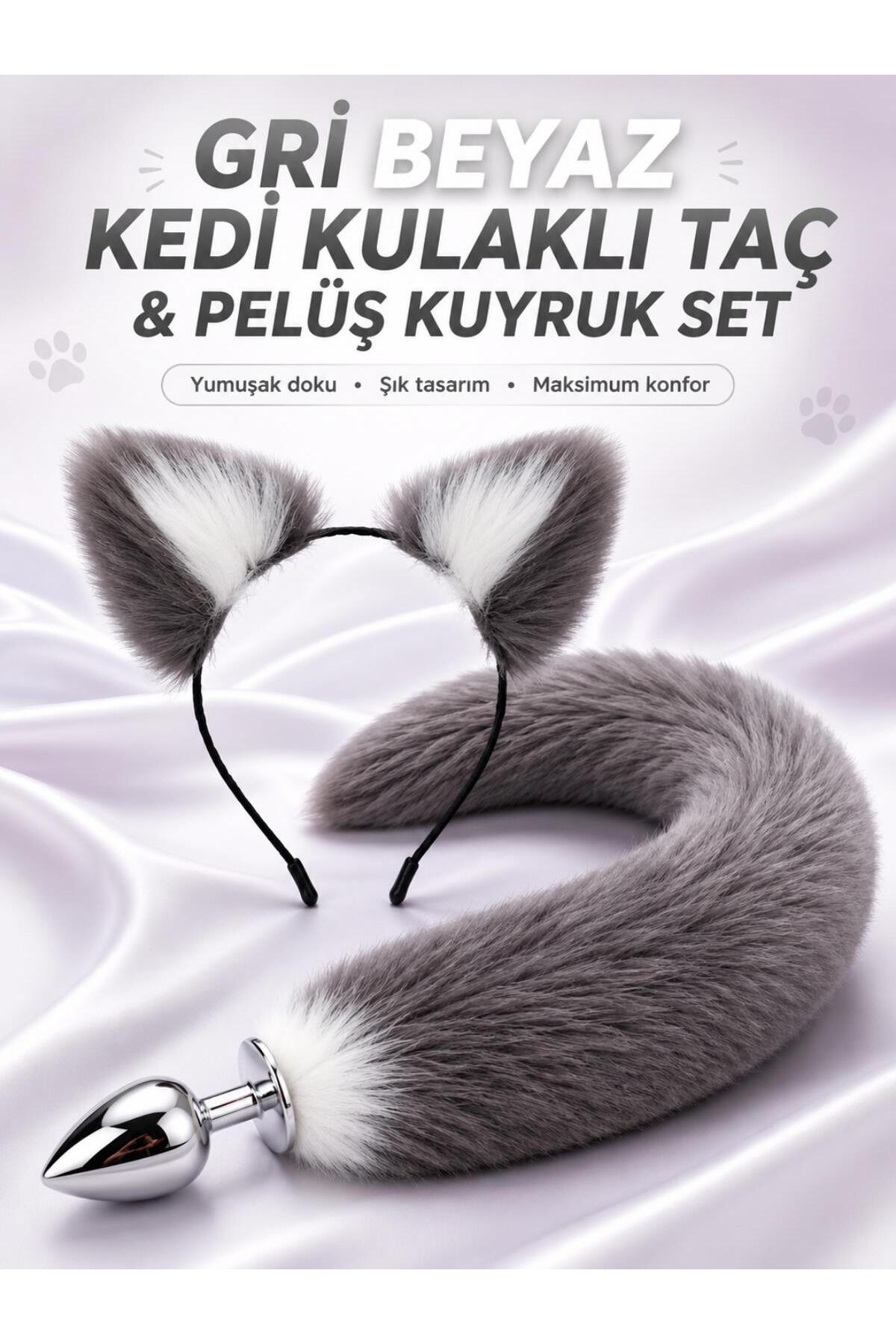 Tüylü Anal Tıkaç + Kedi Kulaklı Taç Pelüş Anal Plug Kuyruk Tıkaç Gri Beyaz Plug Fantezi Set