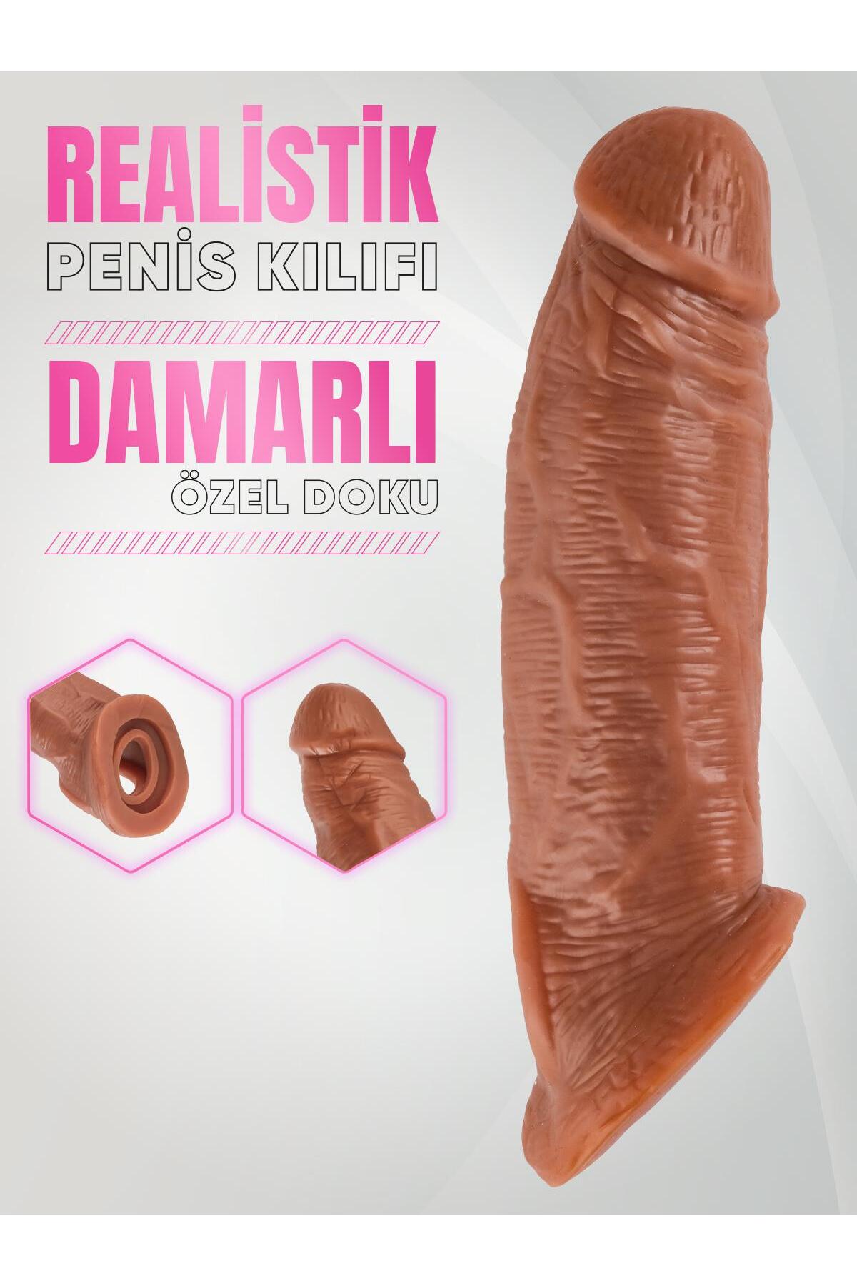 Ultra Gerçekçi Penis Dokusu Testise Geçirmeli 4.5 Cm Uzatmalı Dolgulu 20 Cm Realistik Penis Kılıfı