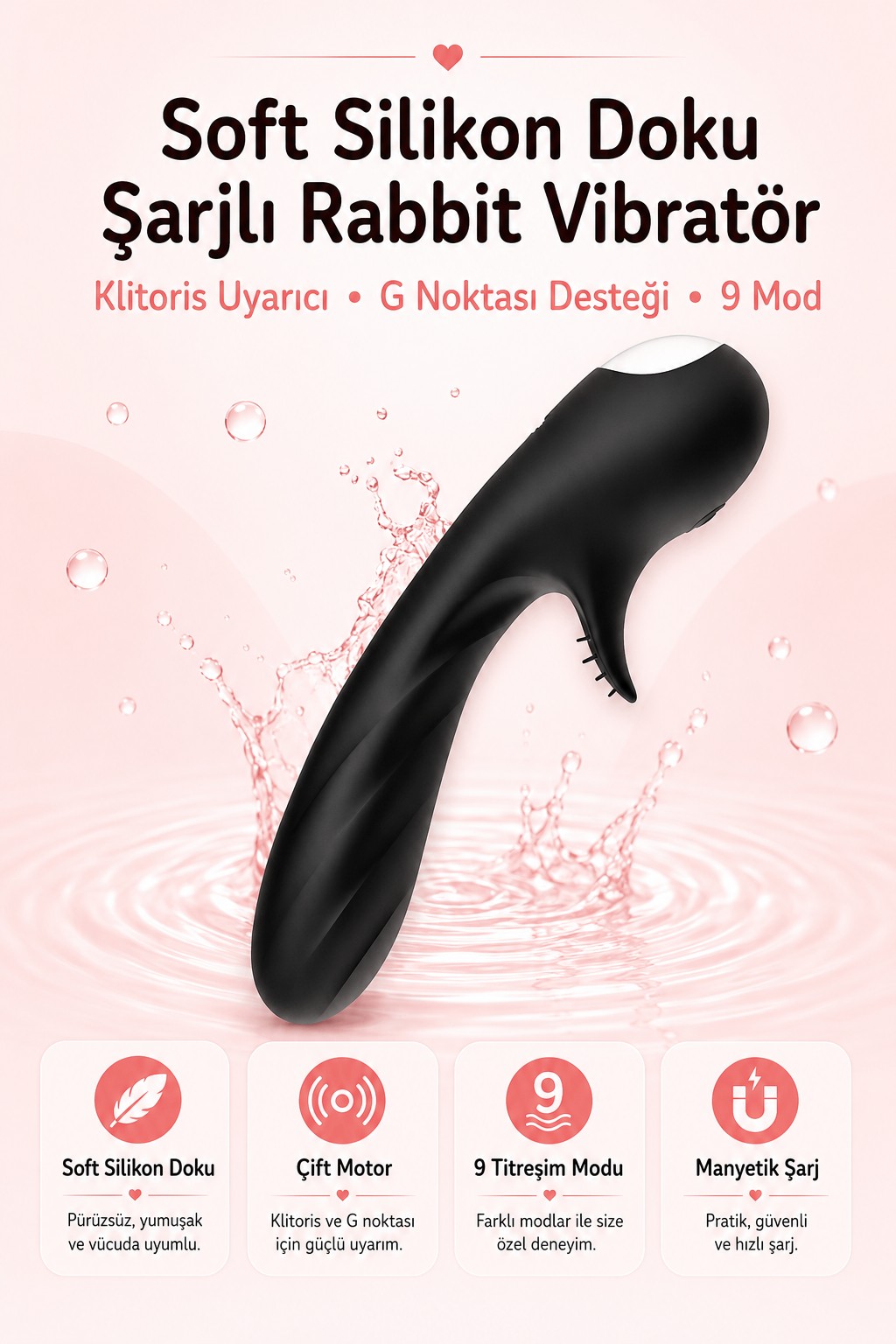 Soft Silikon Doku Orgazm Tırtıklı Klitoris Uyarıcı G Noktası 9 Mod Titreşimli Şarjlı Rabbit Vibratör
