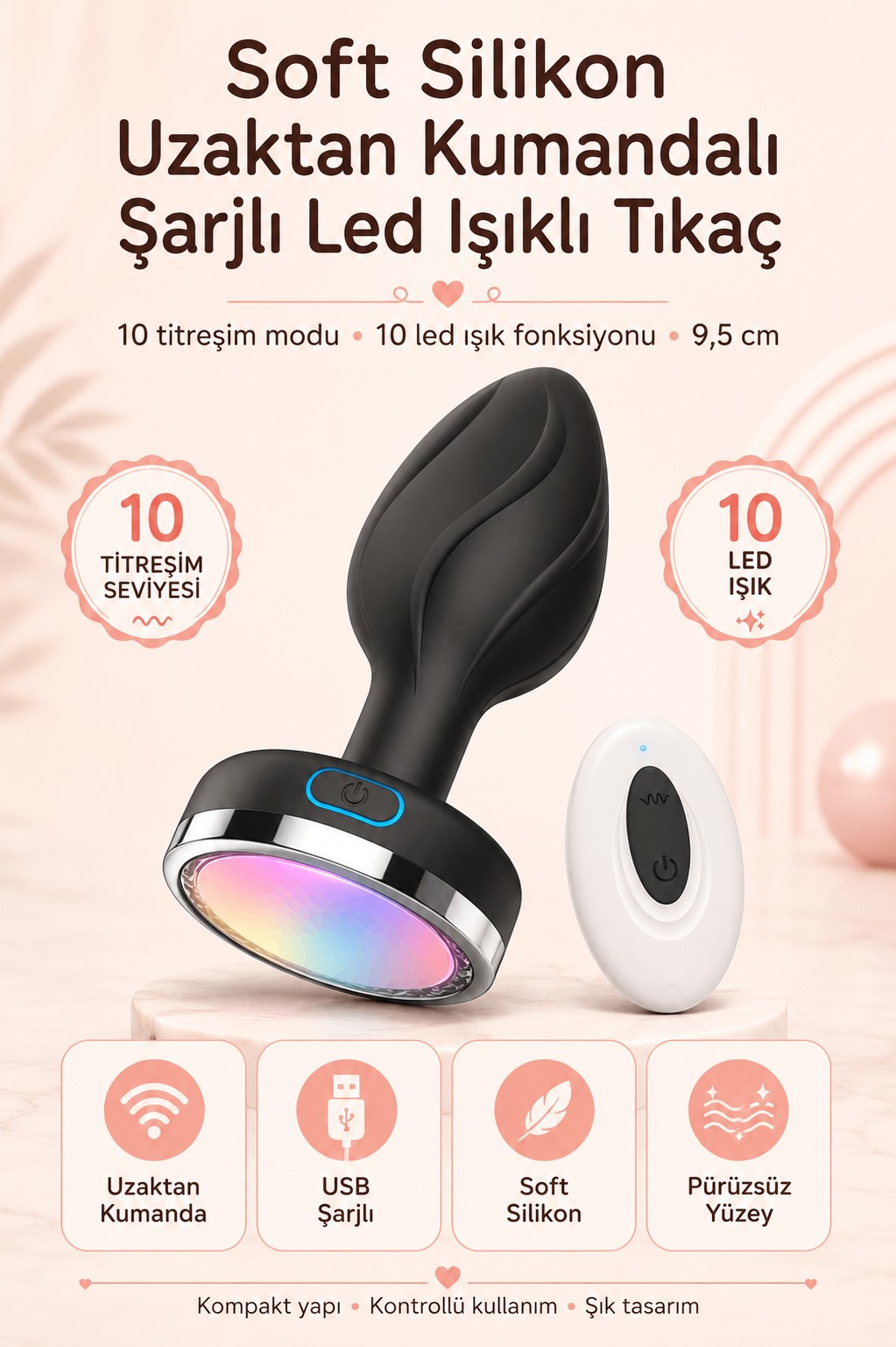 Soft Silikon Uzaktan Kumandalı Şarjlı Led Işıklı 10 Mod Titreşimli Tıkaç 9,5 Cm
