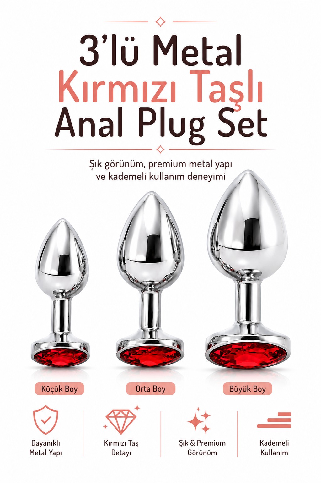 Gümüş Metal Mücevher Kırmızı Taşlı 3 'lü Anal Alıştırıcı Genişletici Açıcı Anal Plug Tıkaç Seti
