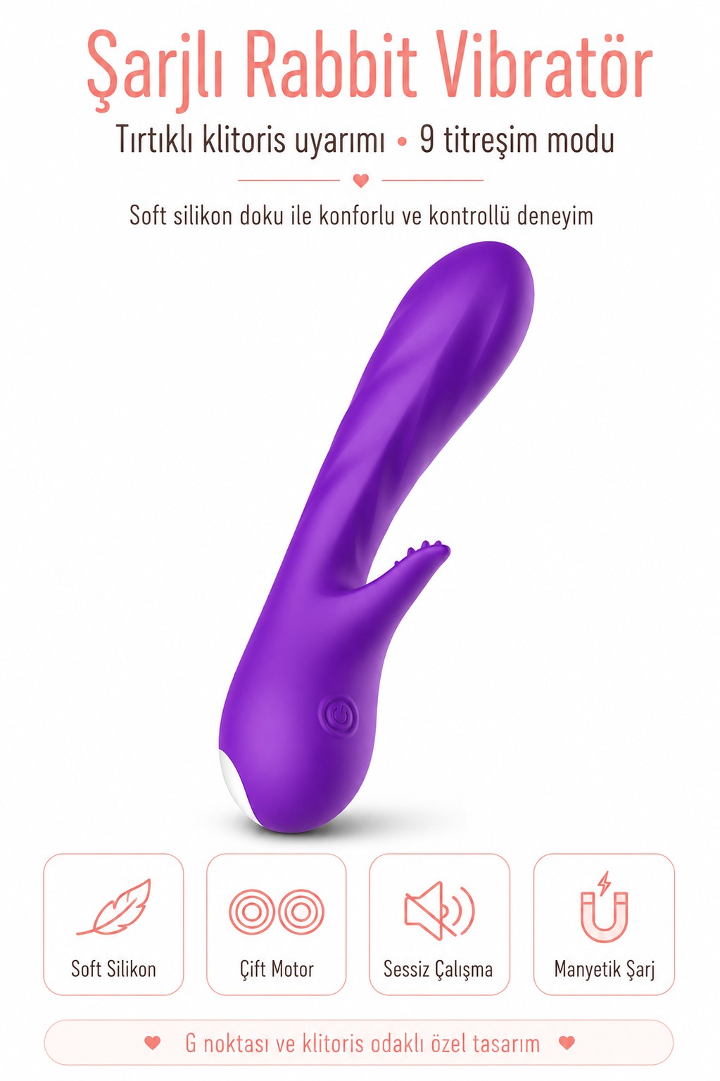 Şarjlı Soft Silikon Rabbit Vibratör Klitoris ve G Noktası Uyarıcılı 9 Modlu